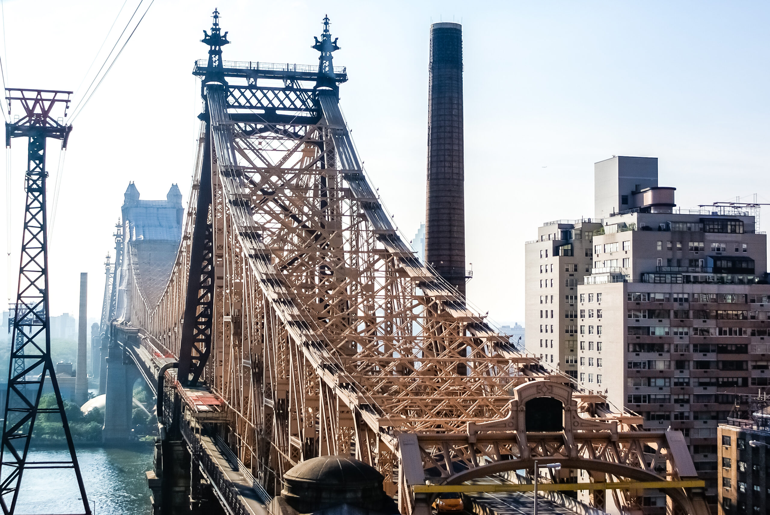 New York, USA - August 15, 2008: Queensboro Bridge seen one morning from the cabin of the Roosevelt Island Tramway.